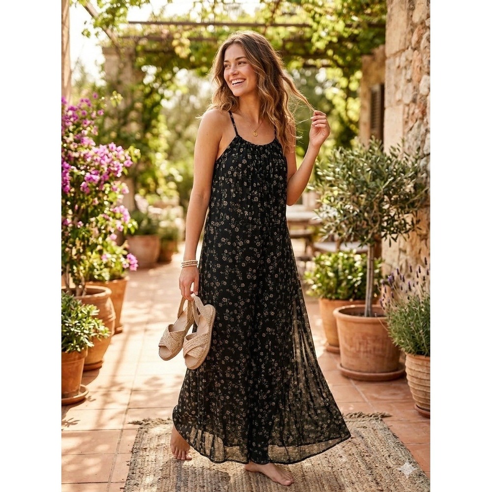 Thorn & Fable Black Floral Smocked Maxi Sundress Square Neck Strappy Size 2